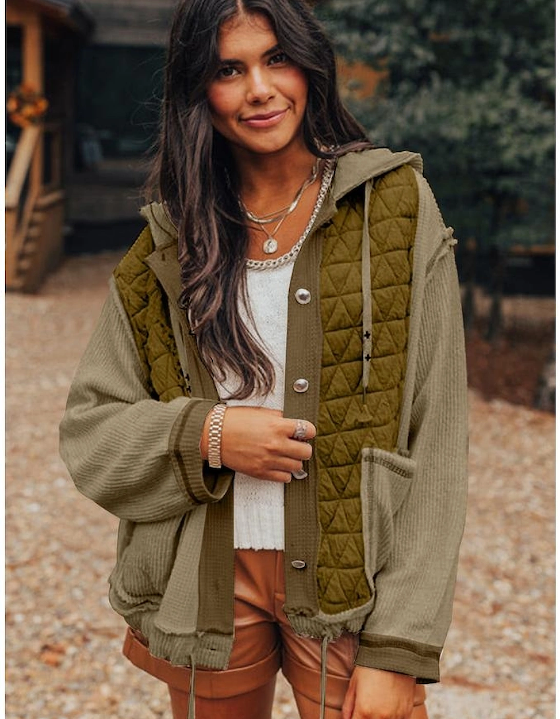 Jungle Green Quilted Textured Patchwork Loose Fit Hooded Jacket