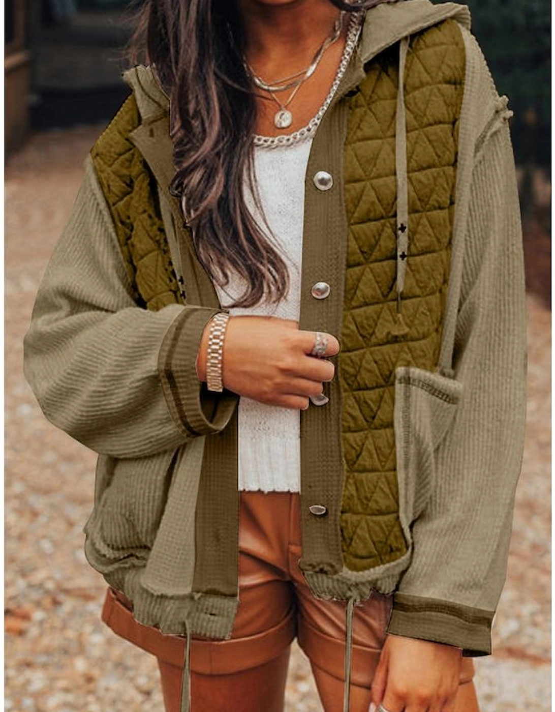 Jungle Green Quilted Textured Patchwork Loose Fit Hooded Jacket