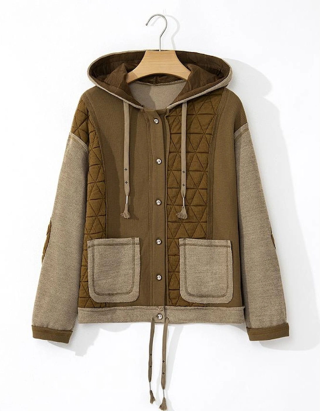 Jungle Green Quilted Textured Patchwork Loose Fit Hooded Jacket