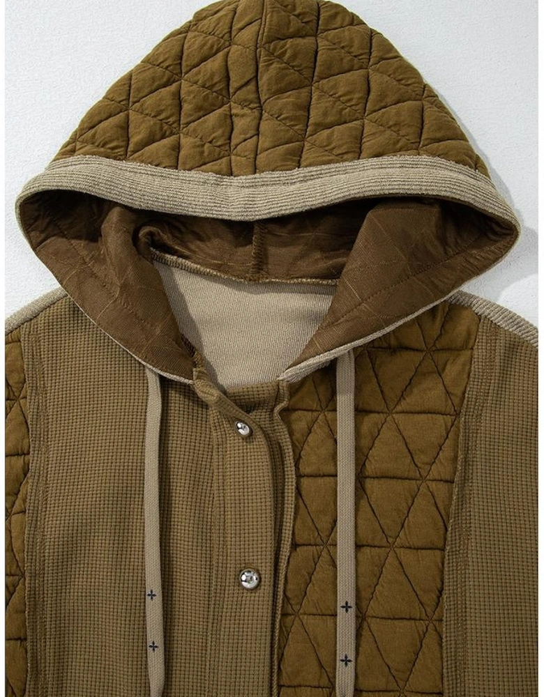 Jungle Green Quilted Textured Patchwork Loose Fit Hooded Jacket