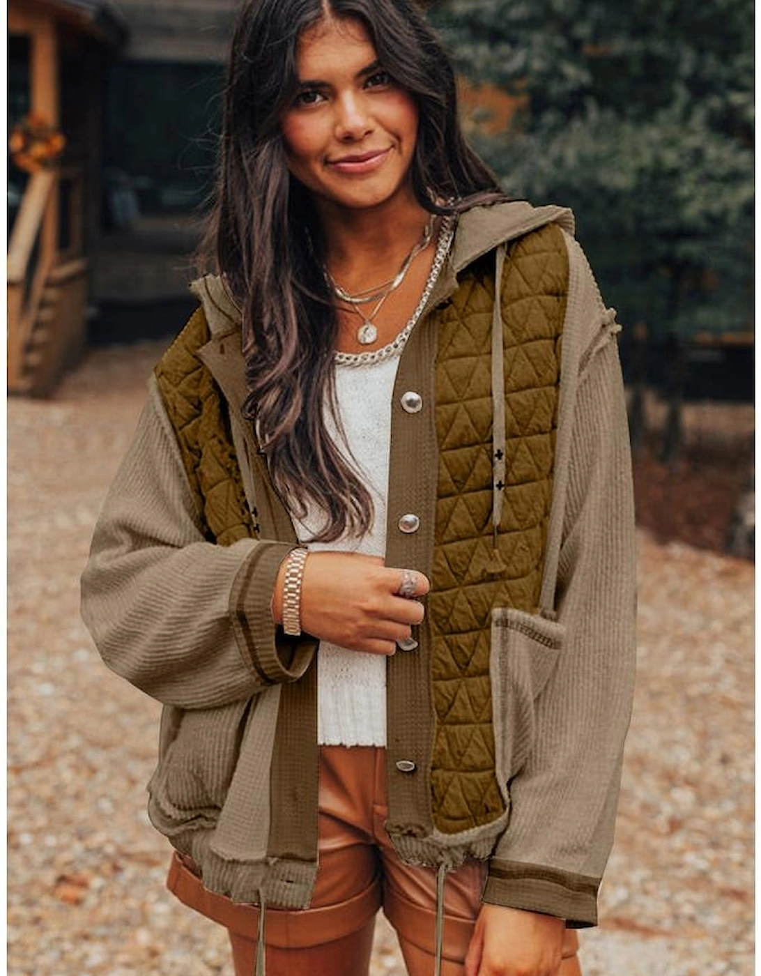 Jungle Green Quilted Textured Patchwork Loose Fit Hooded Jacket