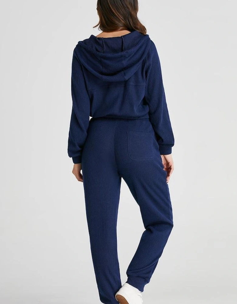Navy Blue Ribbed Knit Cropped Hoodie and Drawstring Joggers Set