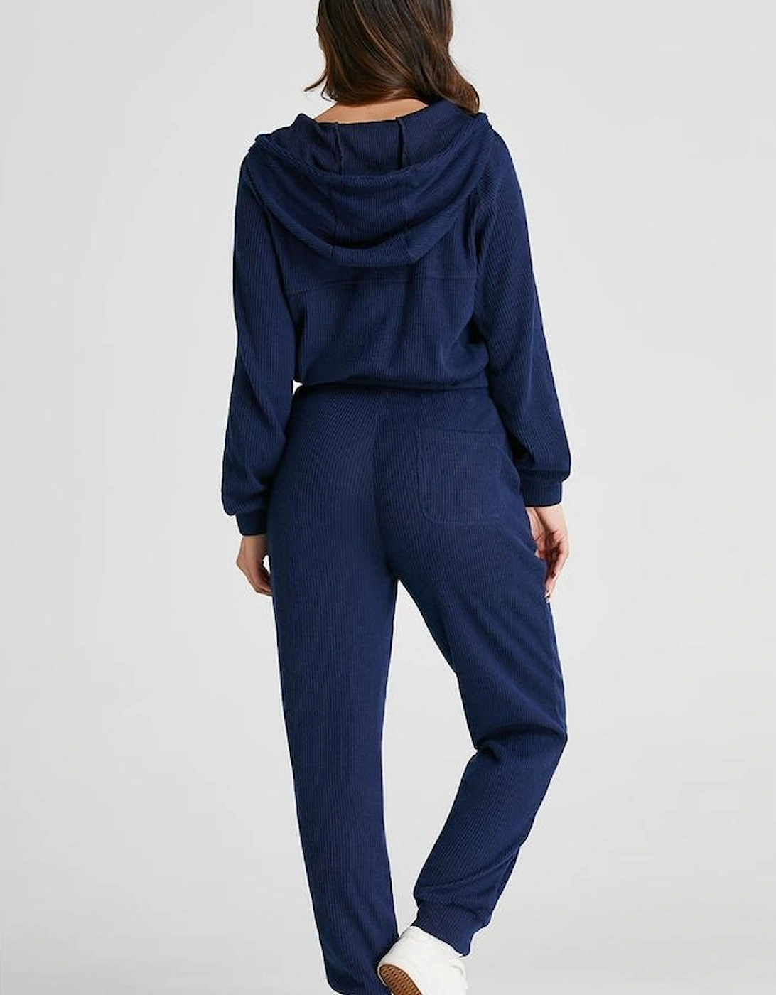 Navy Blue Ribbed Knit Cropped Hoodie and Drawstring Joggers Set