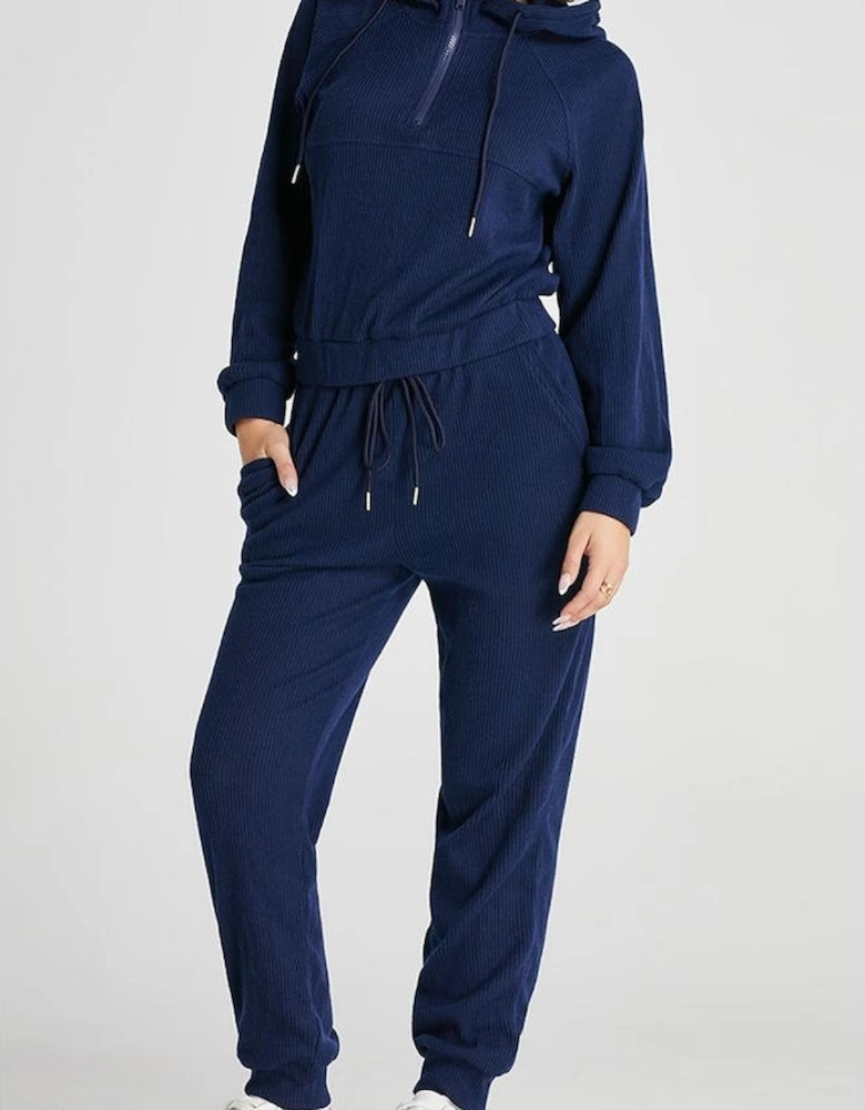 Navy Blue Ribbed Knit Cropped Hoodie and Drawstring Joggers Set