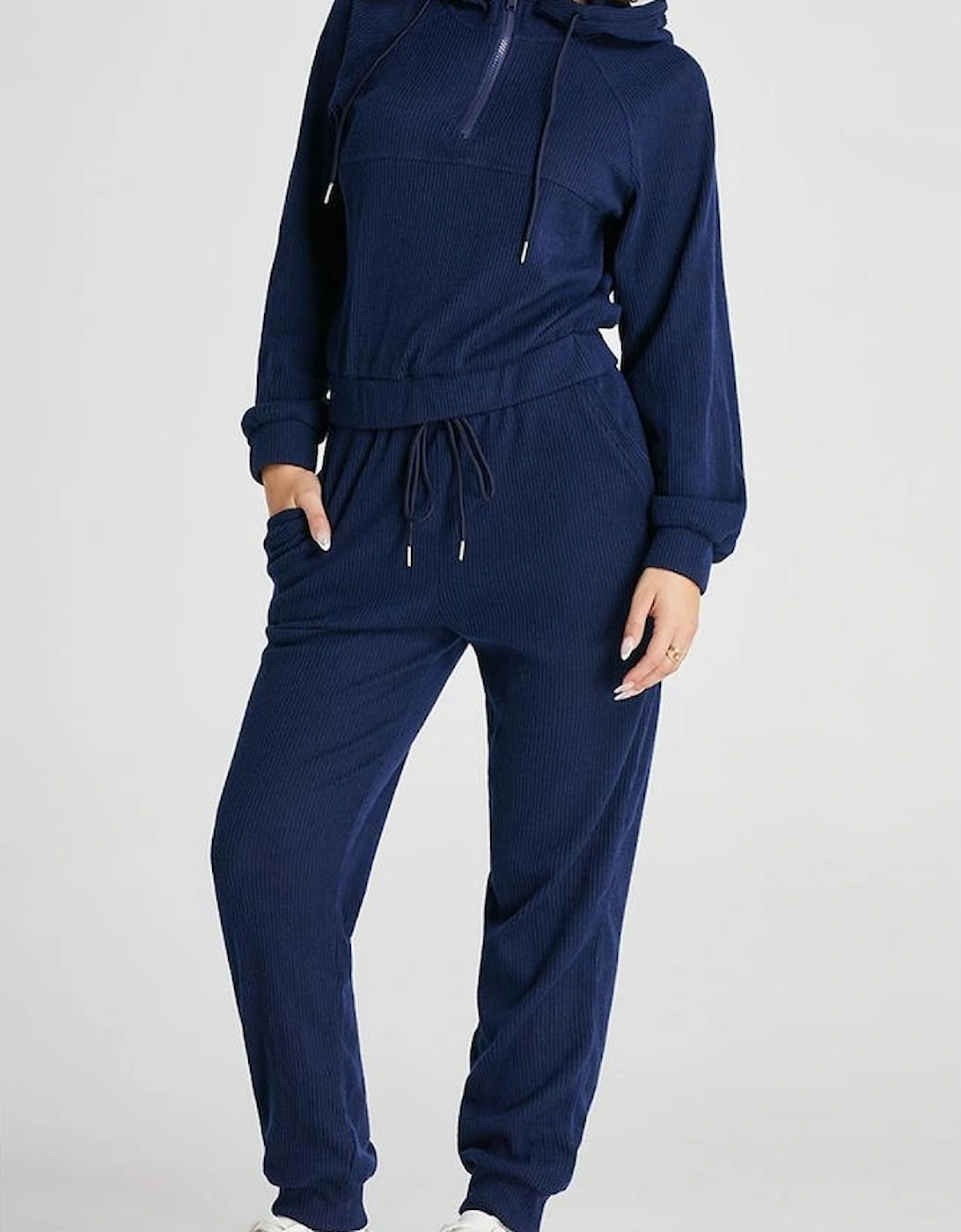 Navy Blue Ribbed Knit Cropped Hoodie and Drawstring Joggers Set