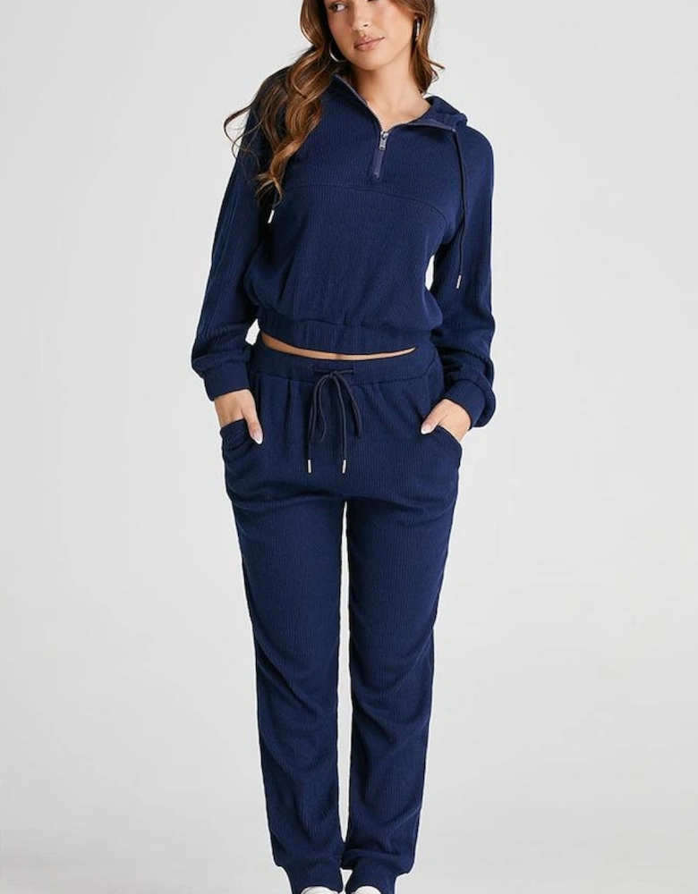 Navy Blue Ribbed Knit Cropped Hoodie and Drawstring Joggers Set