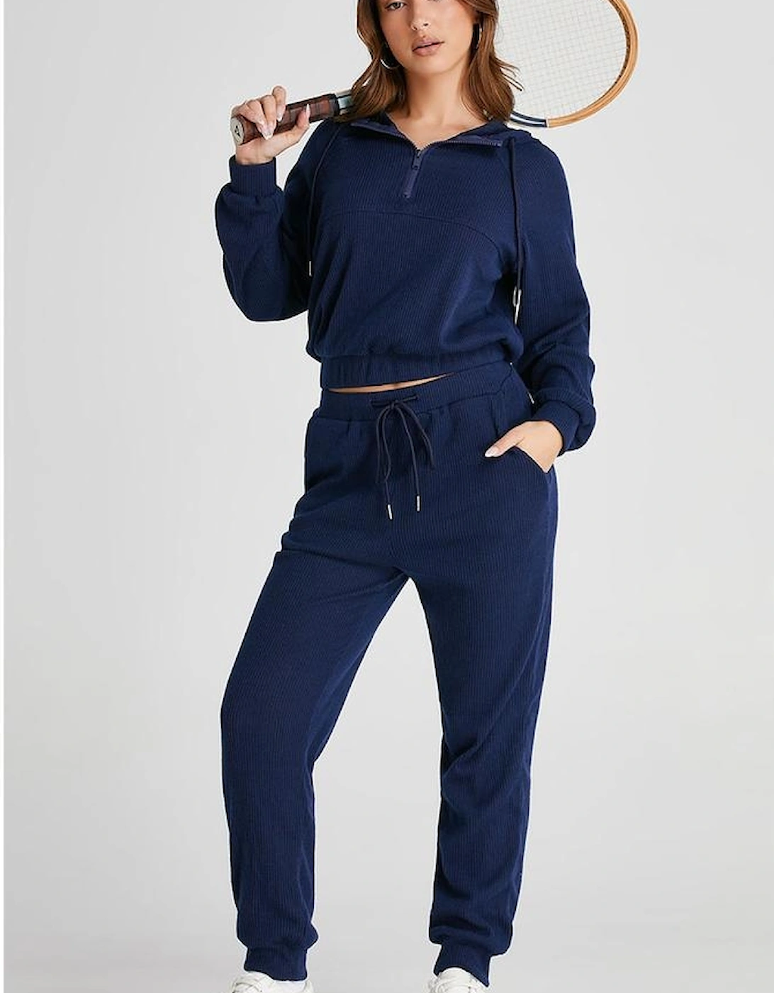 Navy Blue Ribbed Knit Cropped Hoodie and Drawstring Joggers Set