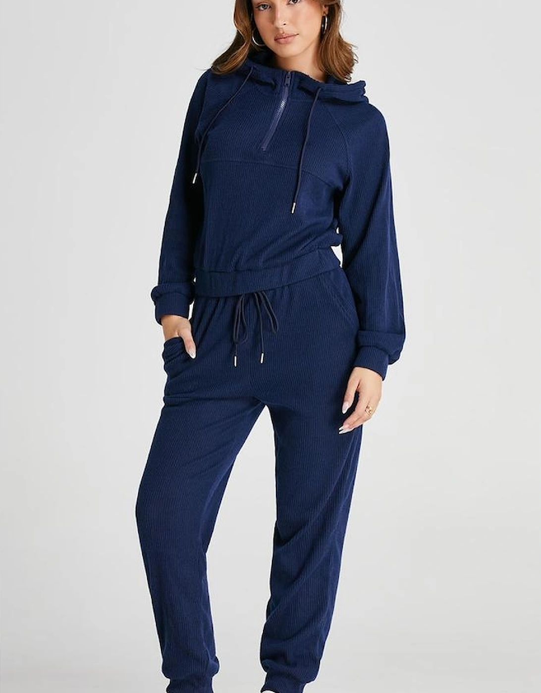 Navy Blue Ribbed Knit Cropped Hoodie and Drawstring Joggers Set