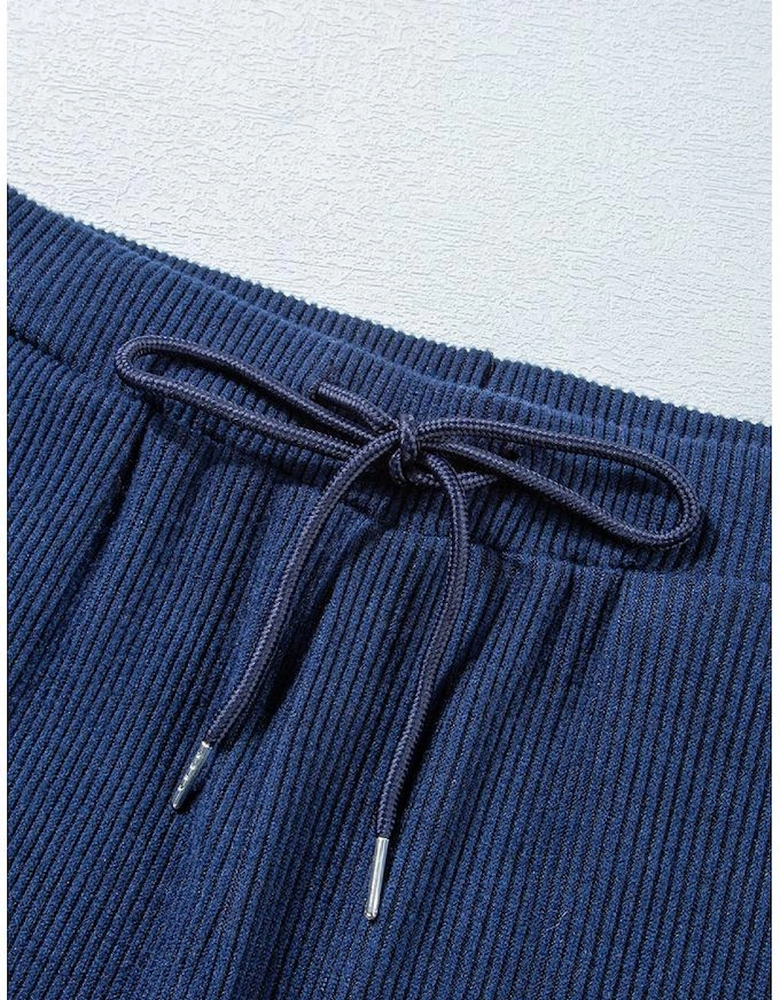 Navy Blue Ribbed Knit Cropped Hoodie and Drawstring Joggers Set