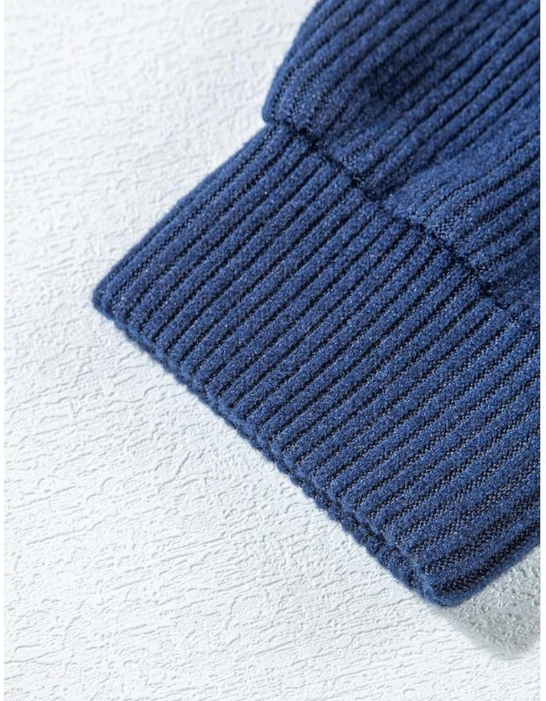 Navy Blue Ribbed Knit Cropped Hoodie and Drawstring Joggers Set