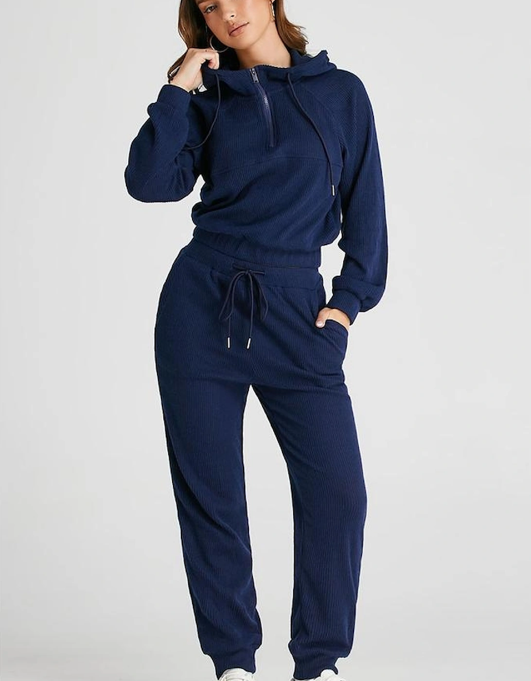 Navy Blue Ribbed Knit Cropped Hoodie and Drawstring Joggers Set