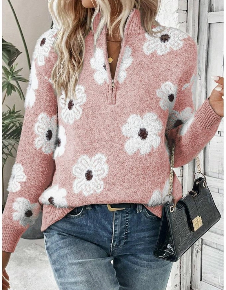 Pink Floral Pattern Half Zip Drop Shoulder Sweater