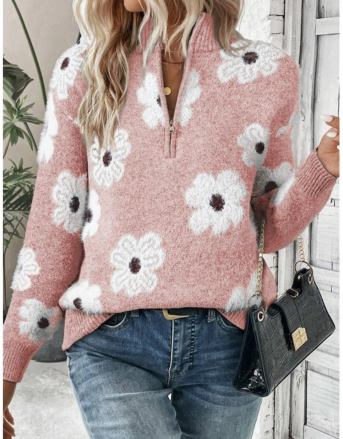 Pink Floral Pattern Half Zip Drop Shoulder Sweater, 3 of 2