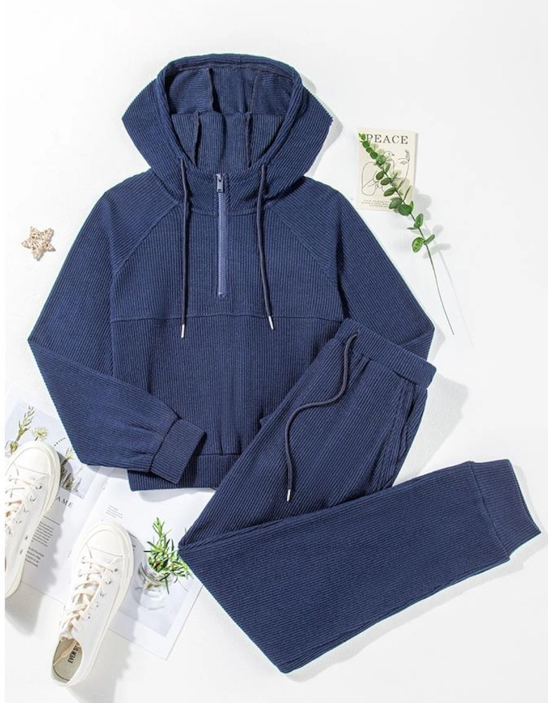 Navy Blue Ribbed Knit Cropped Hoodie and Drawstring Joggers Set