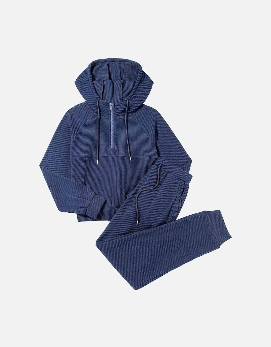 Navy Blue Ribbed Knit Cropped Hoodie and Drawstring Joggers Set
