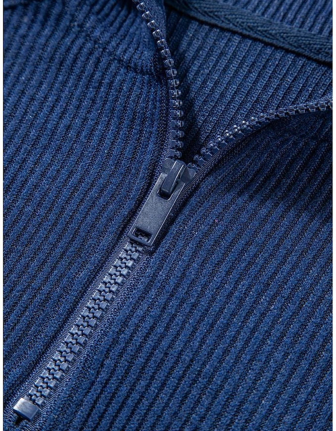 Navy Blue Ribbed Knit Cropped Hoodie and Drawstring Joggers Set