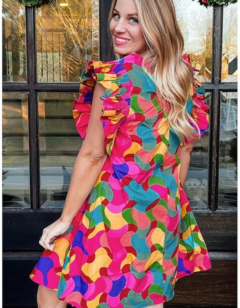 Rose Red Abstract Print Ruffle Sleeve Shift Dress