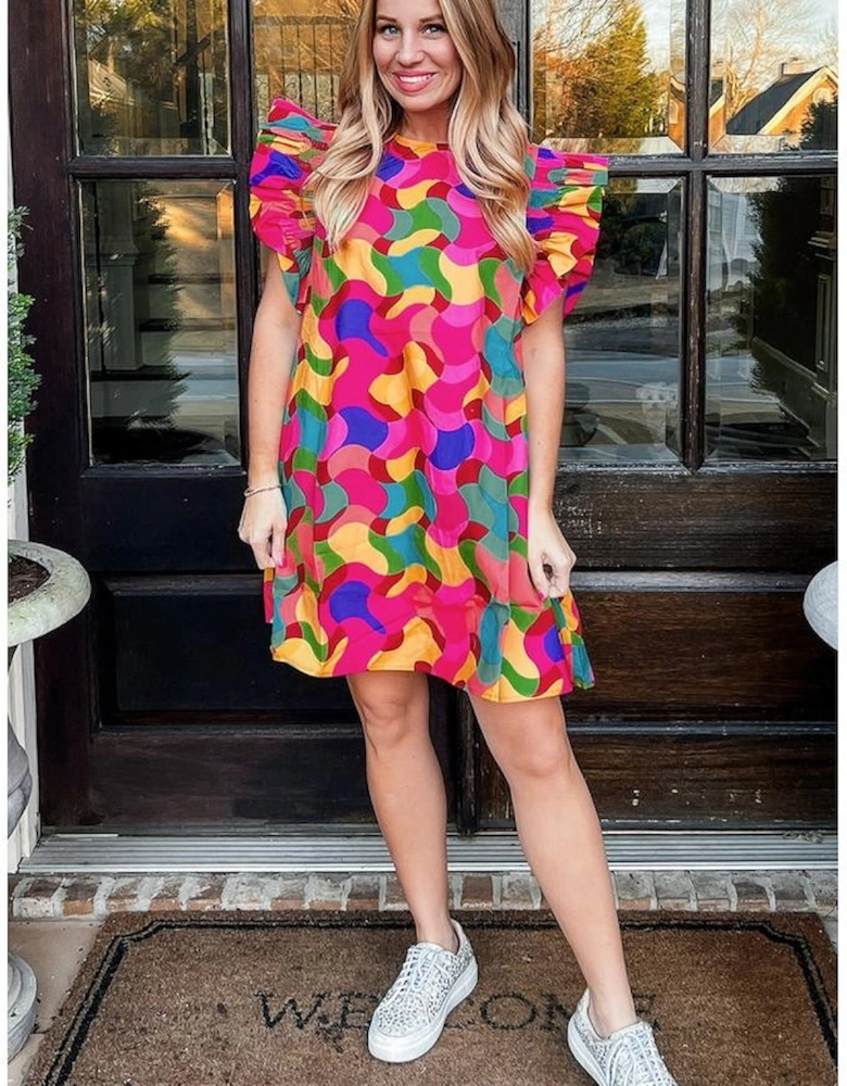 Rose Red Abstract Print Ruffle Sleeve Shift Dress