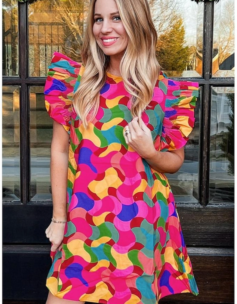 Rose Red Abstract Print Ruffle Sleeve Shift Dress