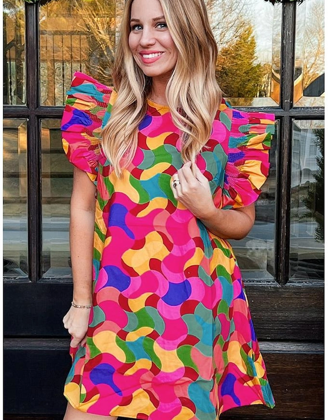 Rose Red Abstract Print Ruffle Sleeve Shift Dress