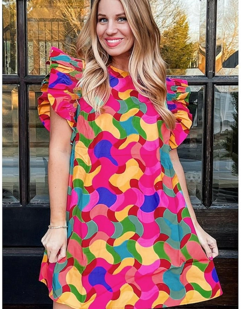 Rose Red Abstract Print Ruffle Sleeve Shift Dress