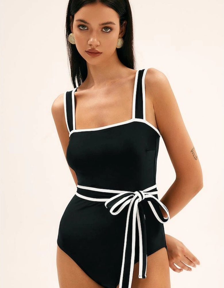 Black Colorblock Edge Belted One Piece Swimsuit