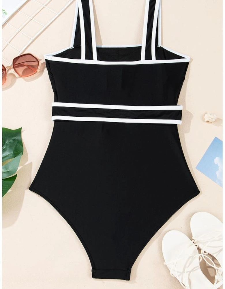 Black Colorblock Edge Belted One Piece Swimsuit
