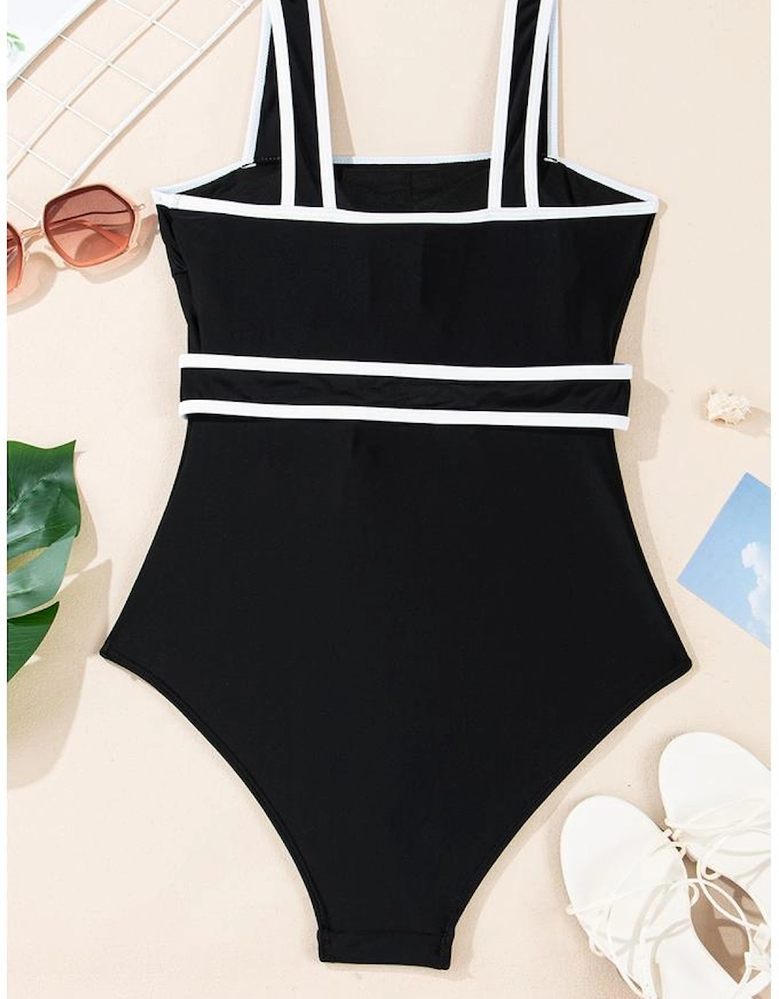 Black Colorblock Edge Belted One Piece Swimsuit