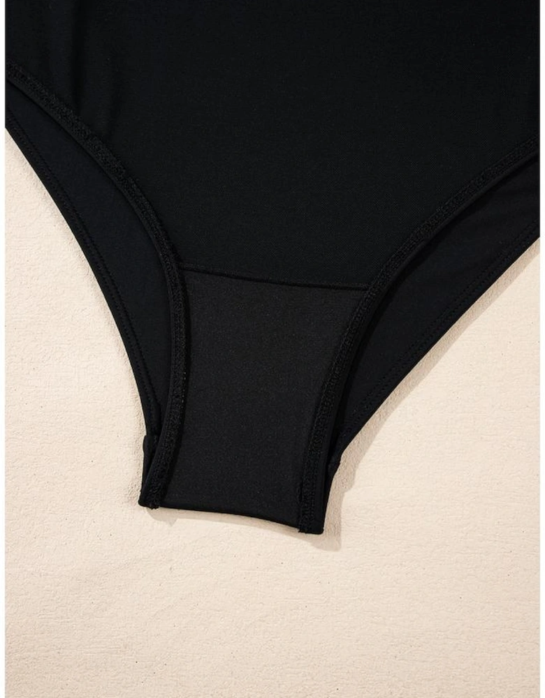 Black Colorblock Edge Belted One Piece Swimsuit