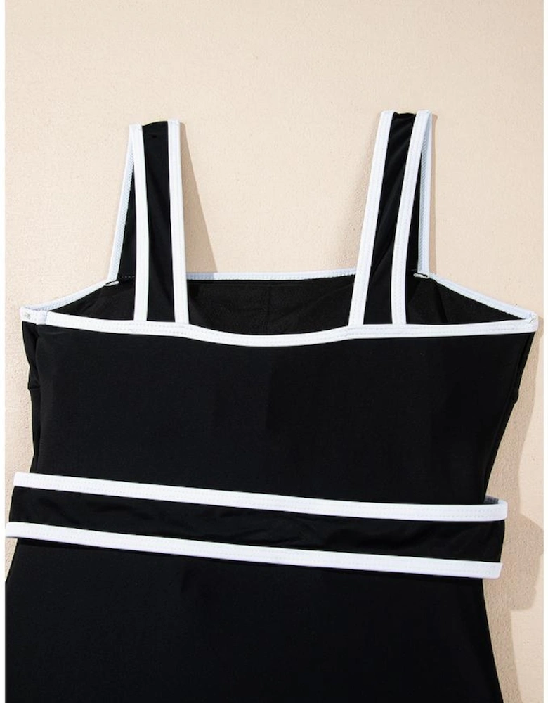 Black Colorblock Edge Belted One Piece Swimsuit