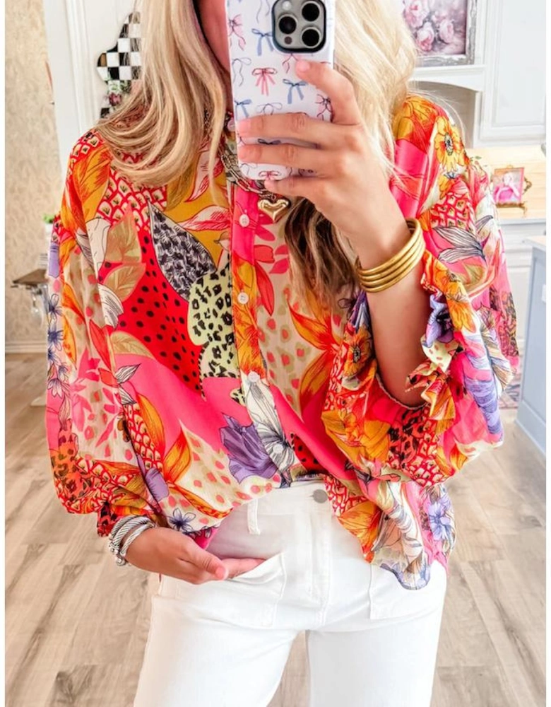 Red Abstract Floral Print Buttoned Ruffled Bubble Sleeve Shirt