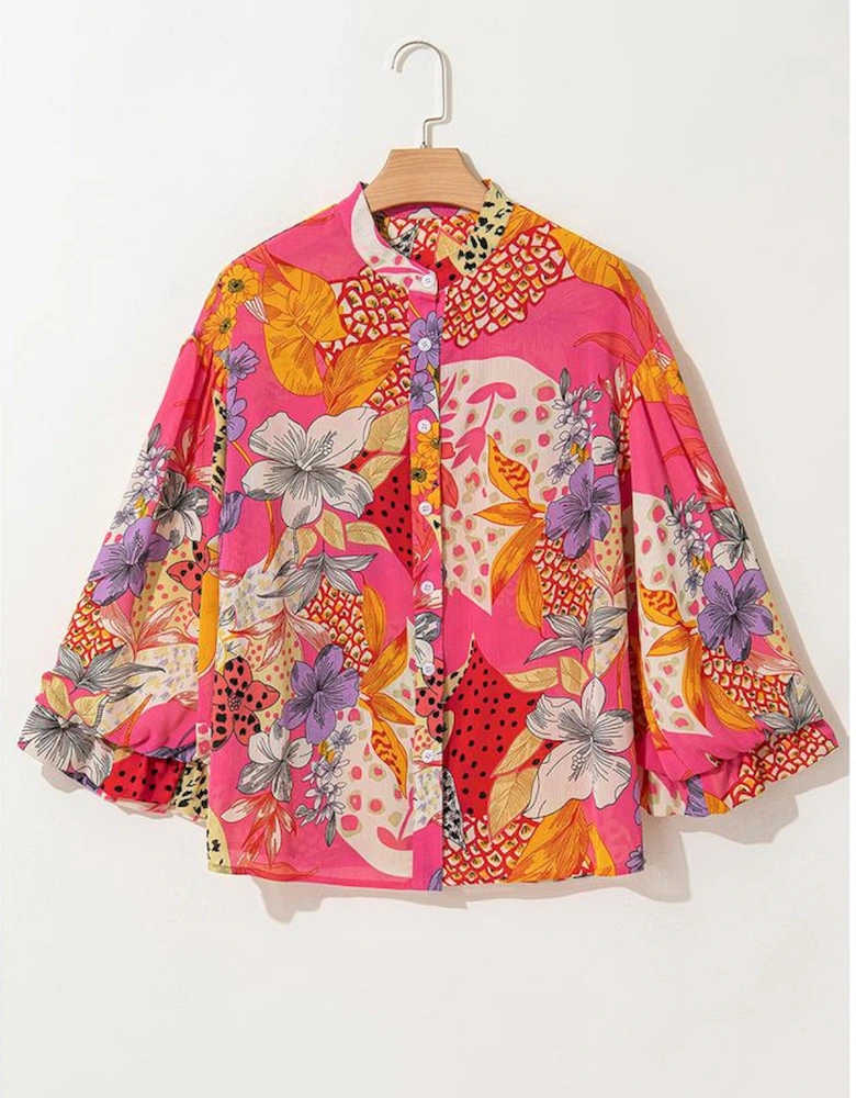 Red Abstract Floral Print Buttoned Ruffled Bubble Sleeve Shirt