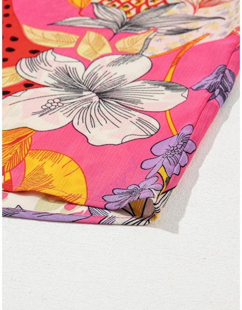 Red Abstract Floral Print Buttoned Ruffled Bubble Sleeve Shirt