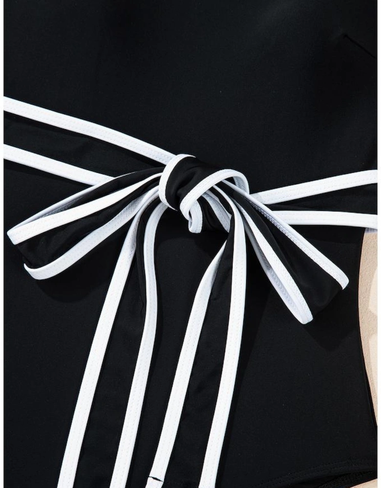 Black Colorblock Edge Belted One Piece Swimsuit