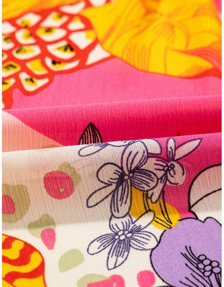 Red Abstract Floral Print Buttoned Ruffled Bubble Sleeve Shirt