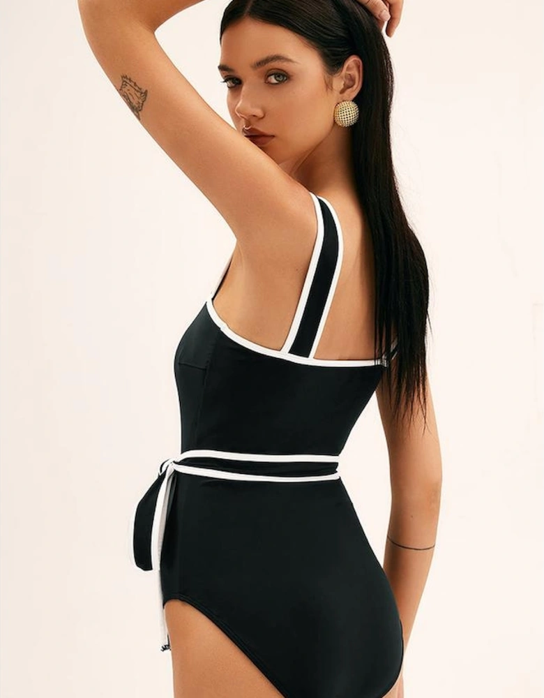 Black Colorblock Edge Belted One Piece Swimsuit