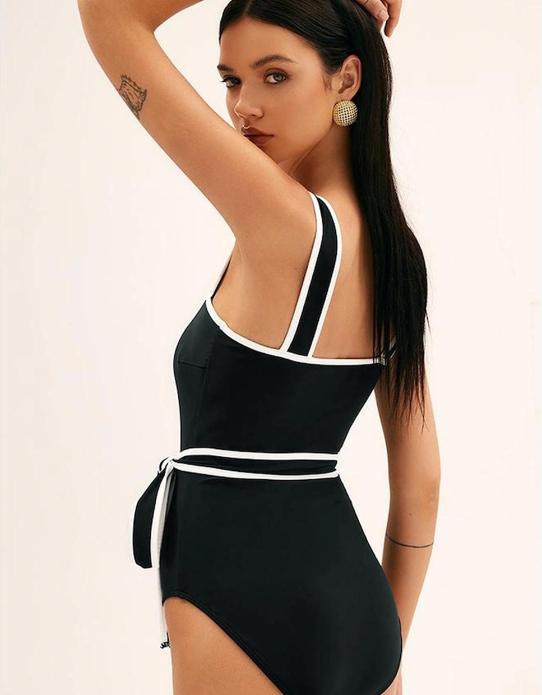 Black Colorblock Edge Belted One Piece Swimsuit