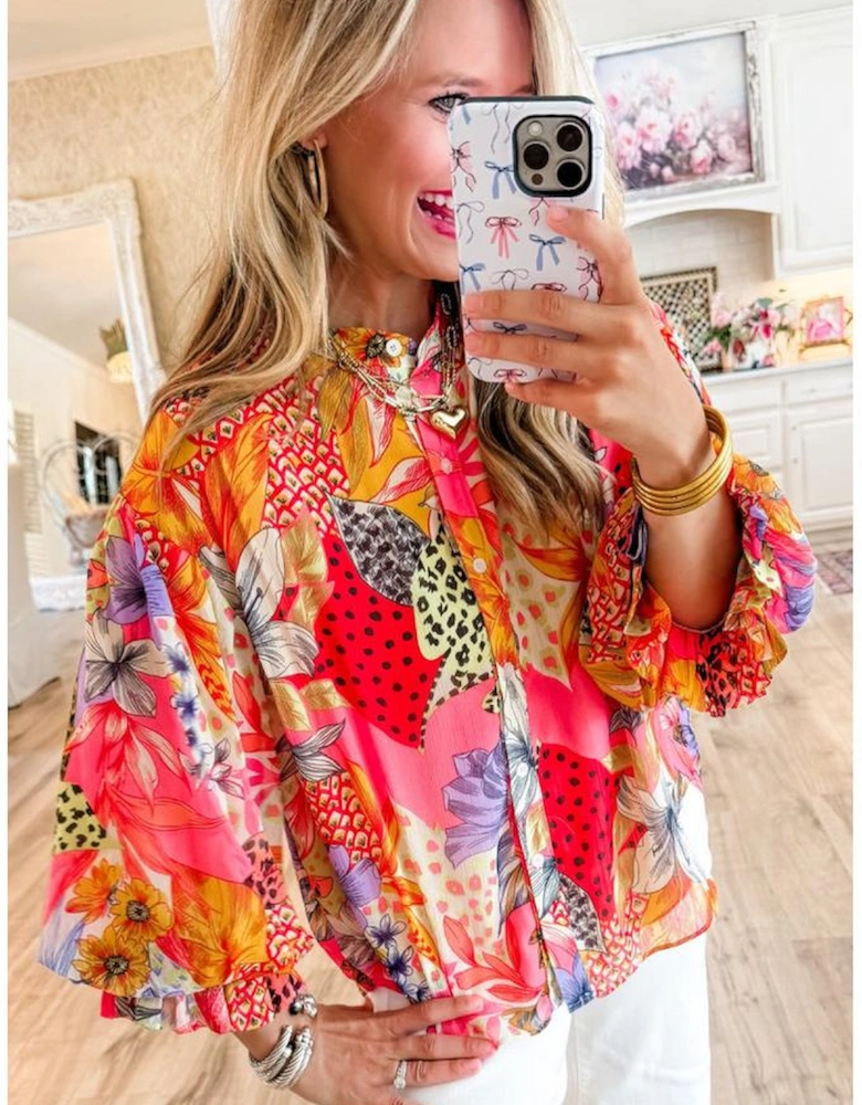 Red Abstract Floral Print Buttoned Ruffled Bubble Sleeve Shirt