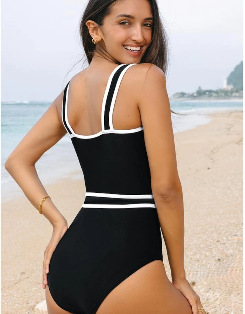 Black Colorblock Edge Belted One Piece Swimsuit