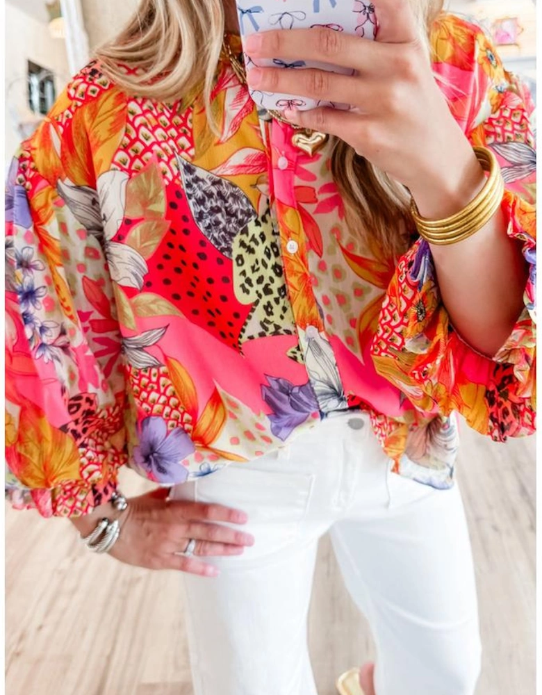Red Abstract Floral Print Buttoned Ruffled Bubble Sleeve Shirt