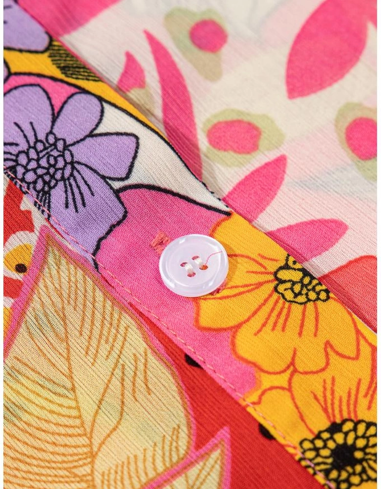 Red Abstract Floral Print Buttoned Ruffled Bubble Sleeve Shirt