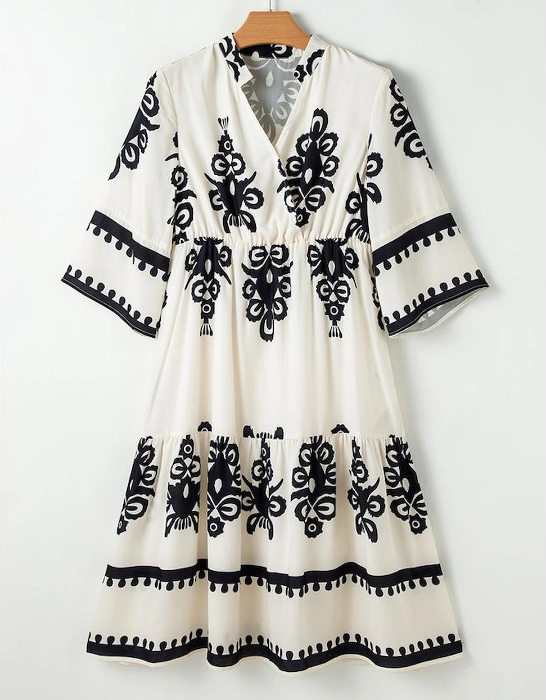 Beige Western Geometric Print 3/4 Sleeve Loose Midi Dress
