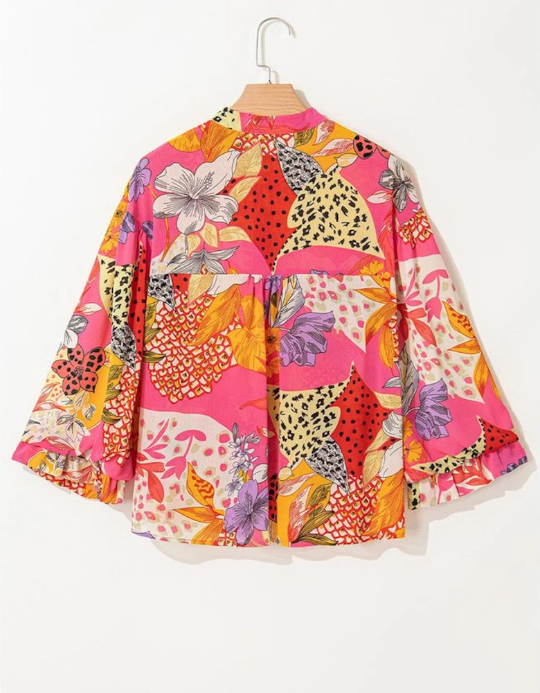 Red Abstract Floral Print Buttoned Ruffled Bubble Sleeve Shirt