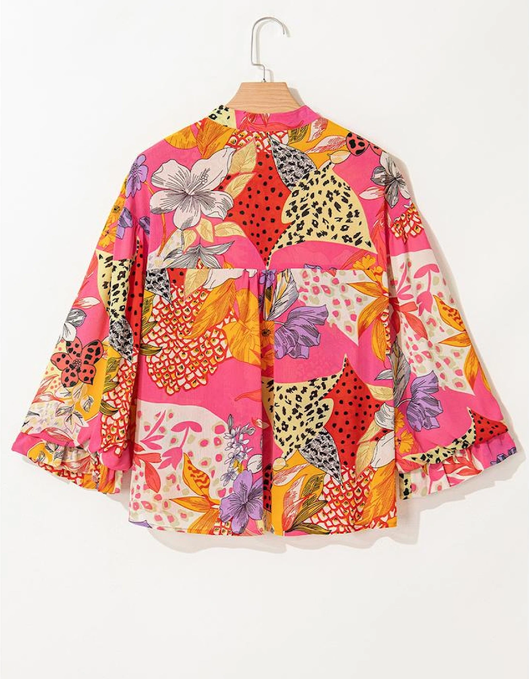Red Abstract Floral Print Buttoned Ruffled Bubble Sleeve Shirt