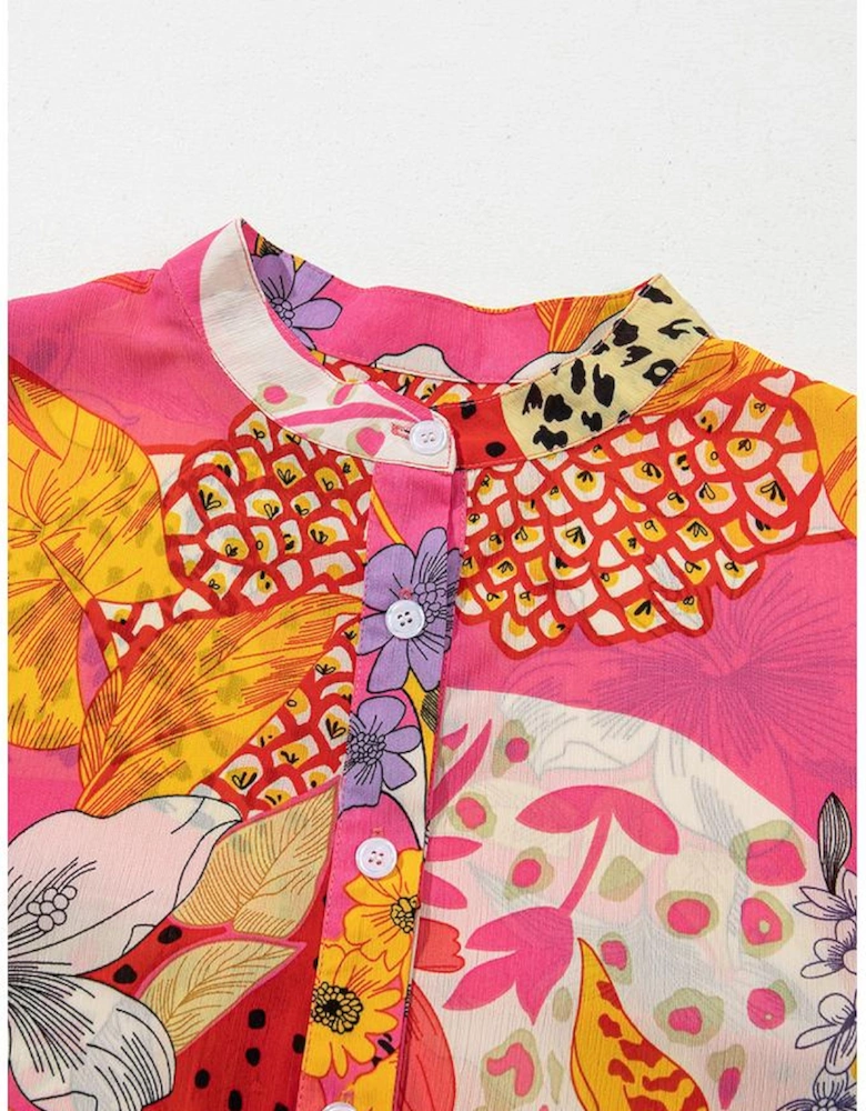 Red Abstract Floral Print Buttoned Ruffled Bubble Sleeve Shirt