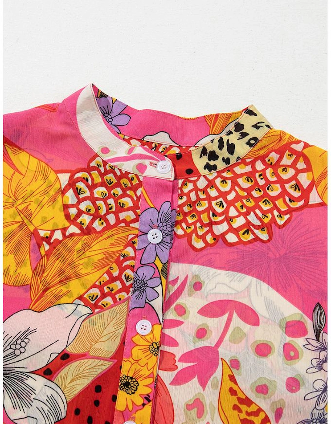 Red Abstract Floral Print Buttoned Ruffled Bubble Sleeve Shirt