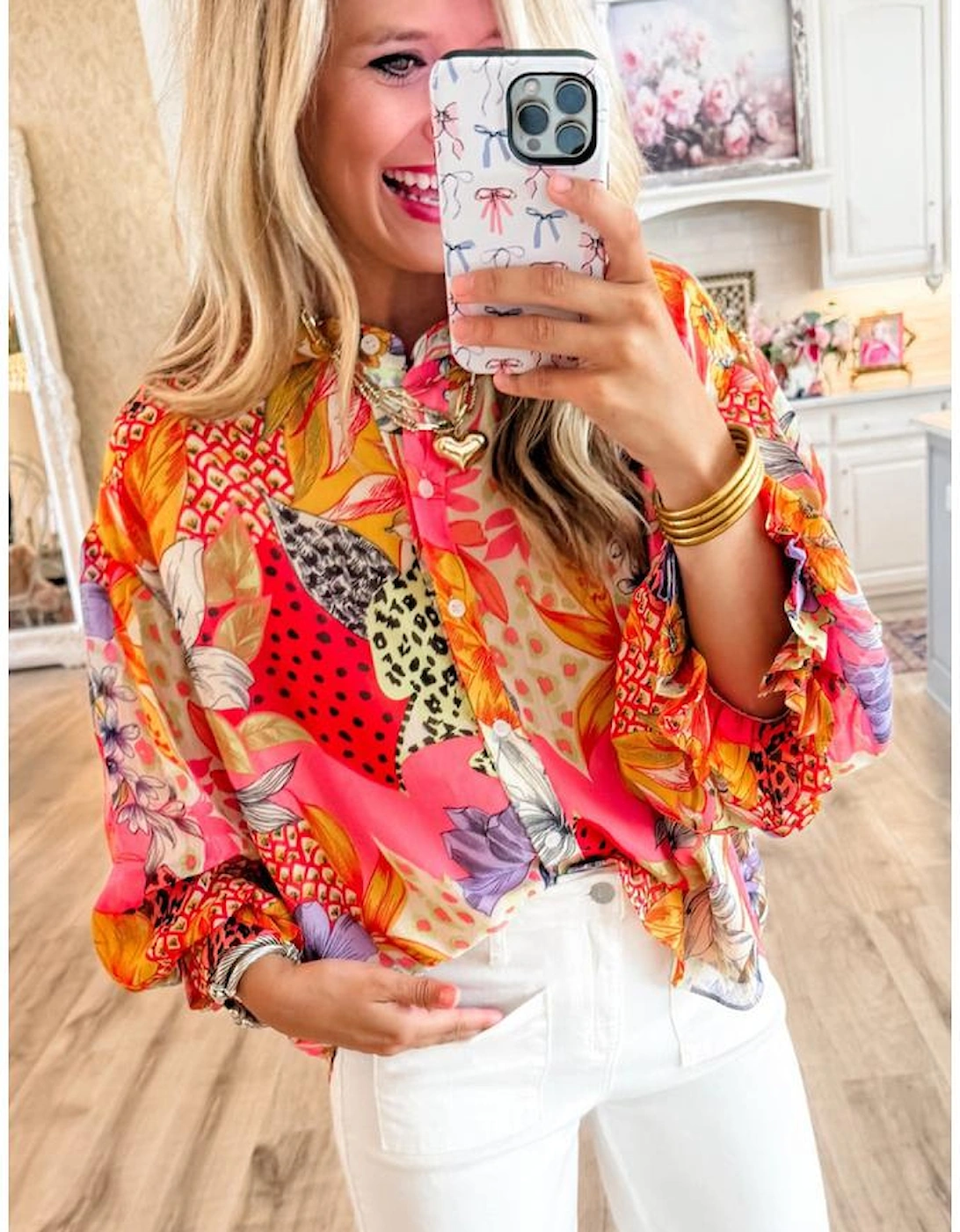 Red Abstract Floral Print Buttoned Ruffled Bubble Sleeve Shirt