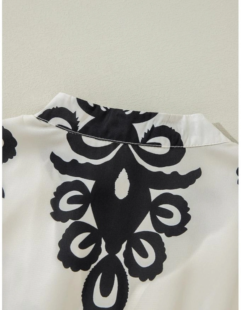 Beige Western Geometric Print 3/4 Sleeve Loose Midi Dress