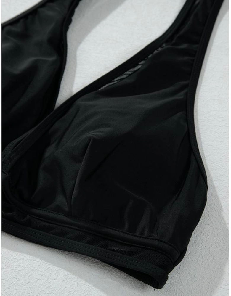 Black Sheer Mesh Edged Halter V Neck Push Up Bikini