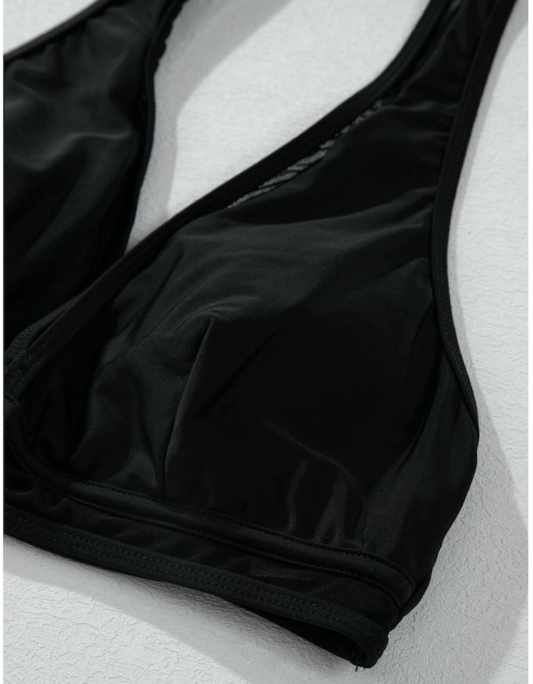 Black Sheer Mesh Edged Halter V Neck Push Up Bikini